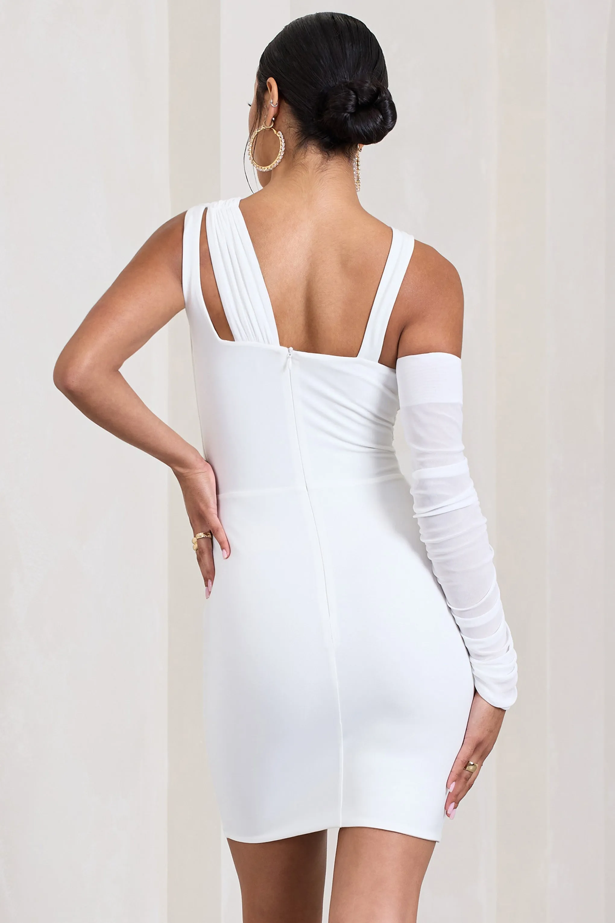 She's Electric | White One Shoulder Ruched Mesh Mini Dress sold by Club L London product image thumbnail 2