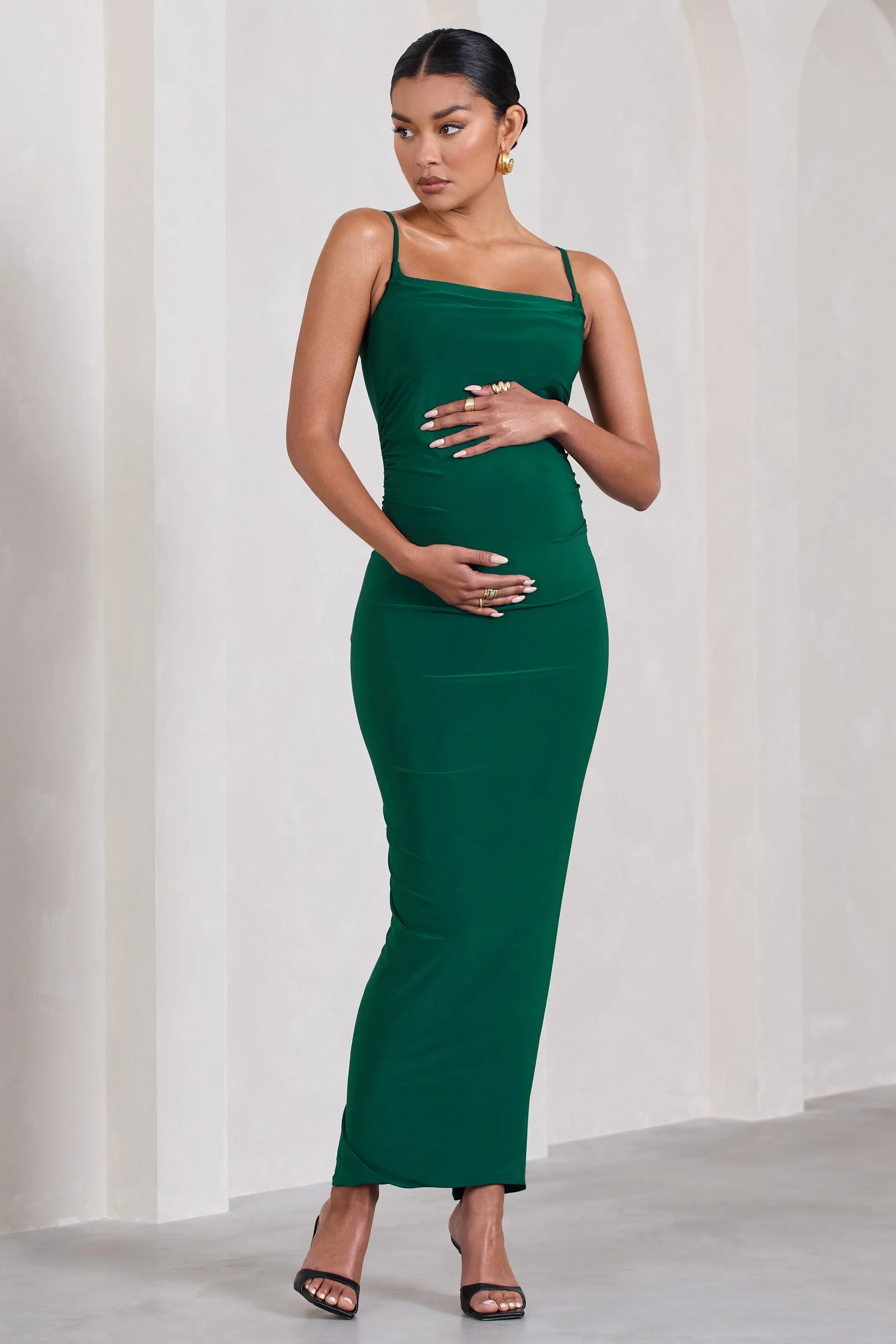 Azalea | Bottle Green Strappy Square-Neck Maternity Maxi Dress sold by Club L London