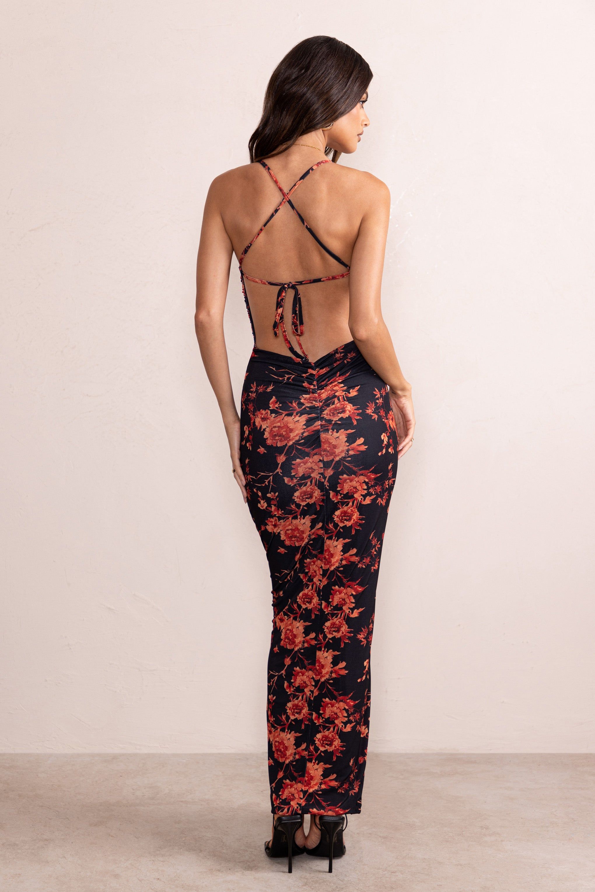 Baylin | Black Orange Floral Print Cami Ruched Maxi Dress With Strappy Back sold by Club L London product image thumbnail 2