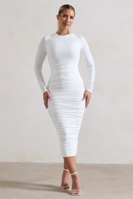 Emilie | White Ruched Long-Sleeve Midi Dress sold by Club L London