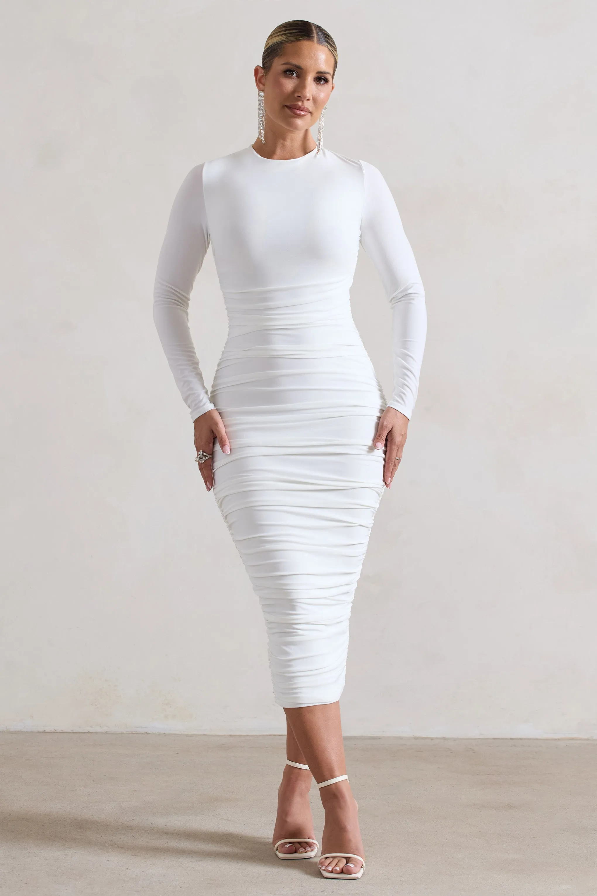 Emilie | White Ruched Long-Sleeve Midi Dress sold by Club L London