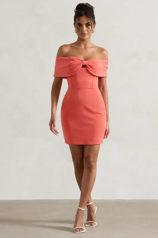 Megan | Coral Bow Bardot Mini Dress sold by Club L London