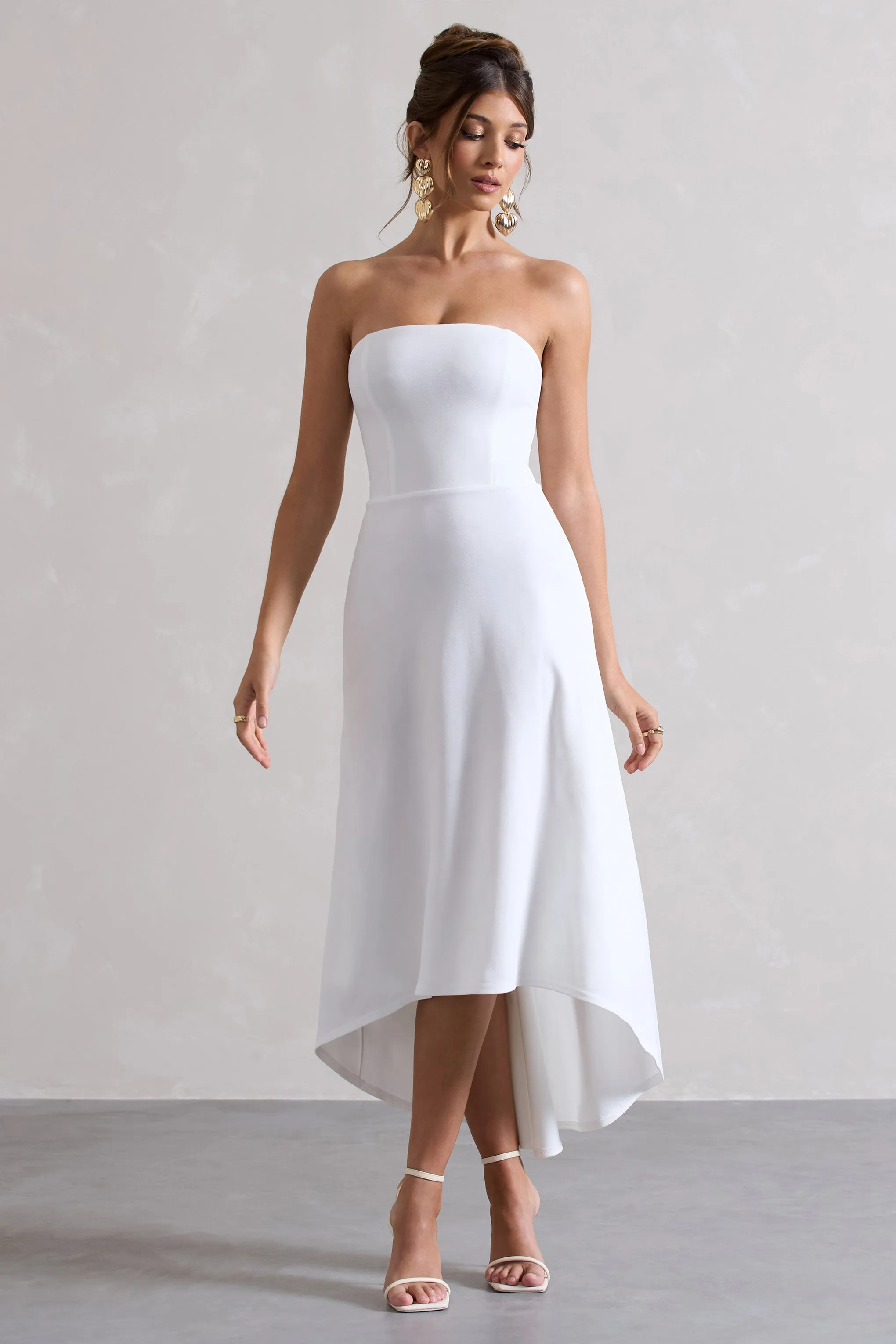 Ariela | White Bandeau High-Low Midi Dress sold by Club L London