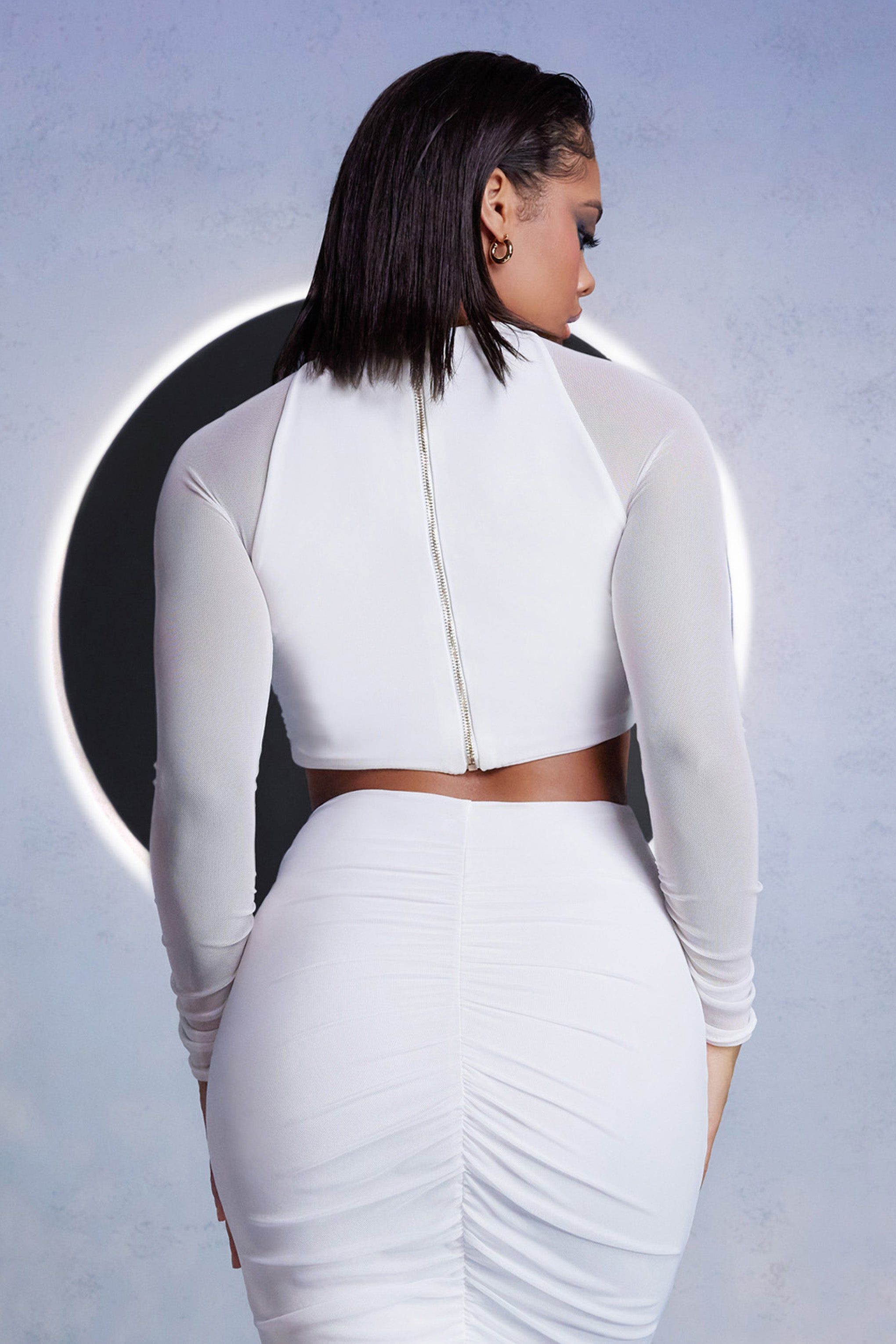 High Stakes | White Mesh High Neck Ruched Detail Crop Top With Long Sleeves sold by Club L London product image thumbnail 2