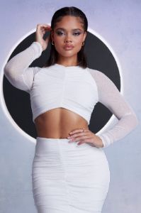 High Stakes | White Mesh High Neck Ruched Detail Crop Top With Long Sleeves sold by Club L London