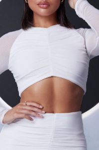 High Stakes | White Mesh High Neck Ruched Detail Crop Top With Long Sleeves sold by Club L London
