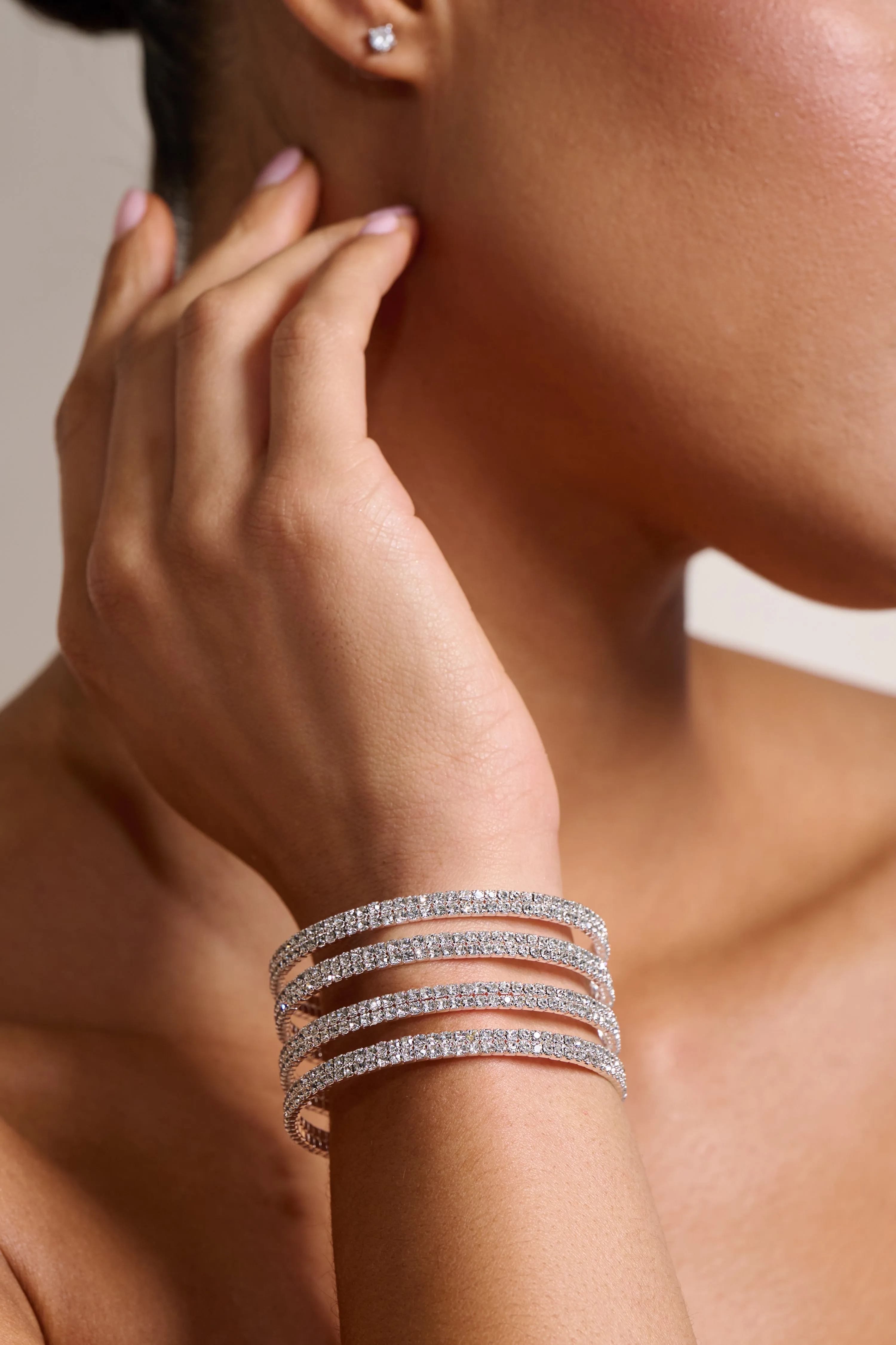 Halle | Silver Layered Statement Bangle sold by Club L London product image thumbnail 2