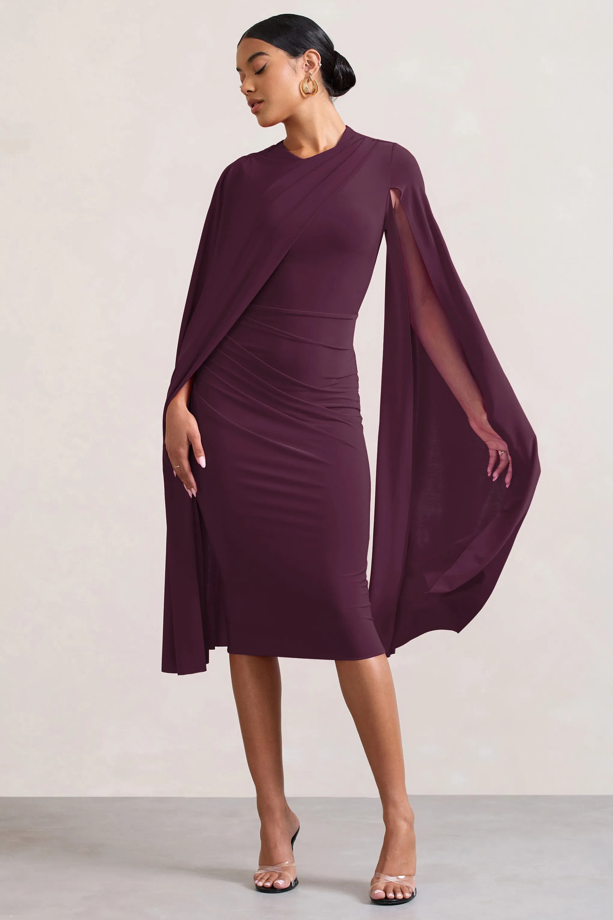 Marysol | Plum Asymmetric Cape Midi Dress sold by Club L London product image thumbnail 5