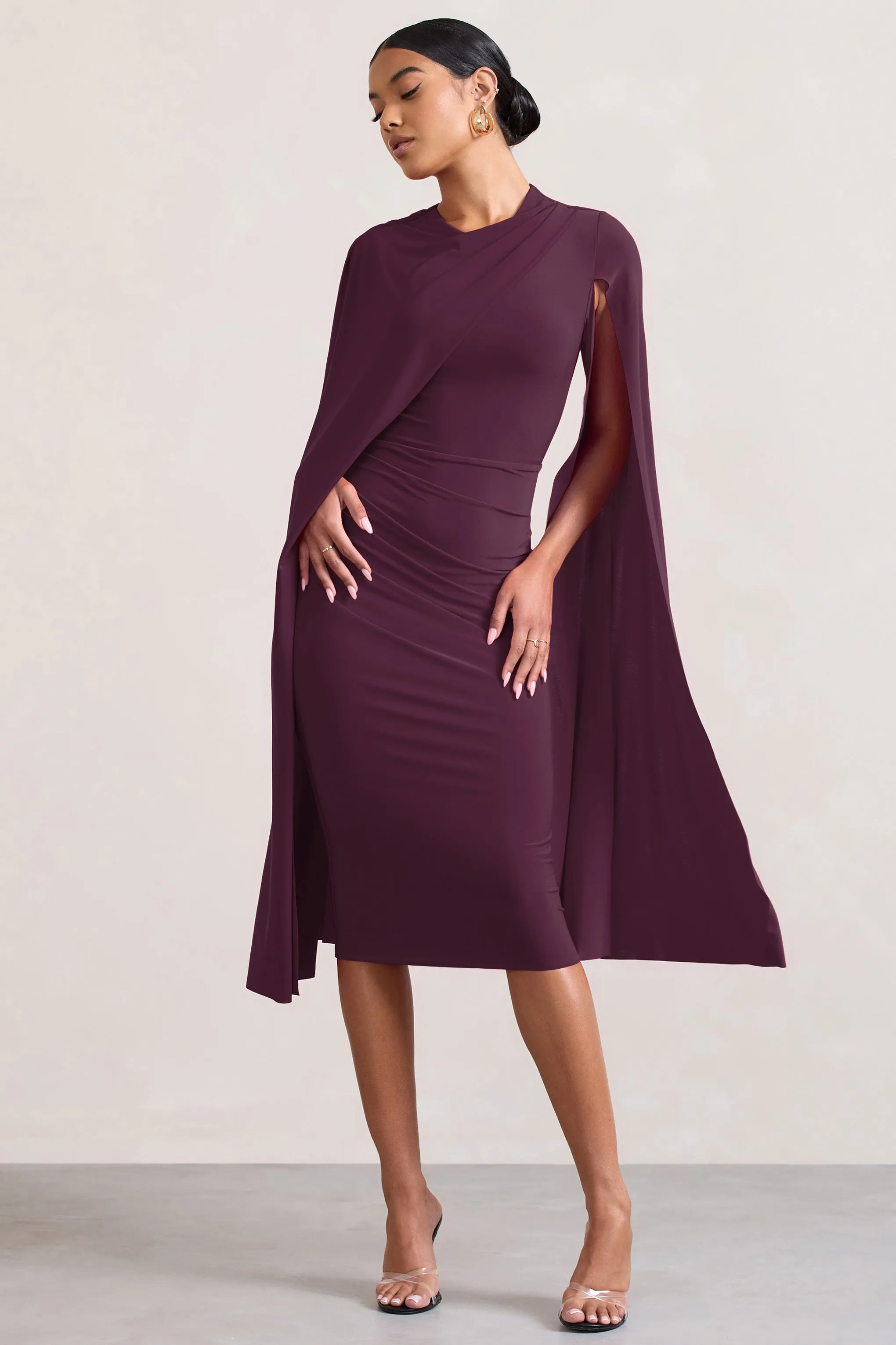Marysol | Plum Asymmetric Cape Midi Dress sold by Club L London