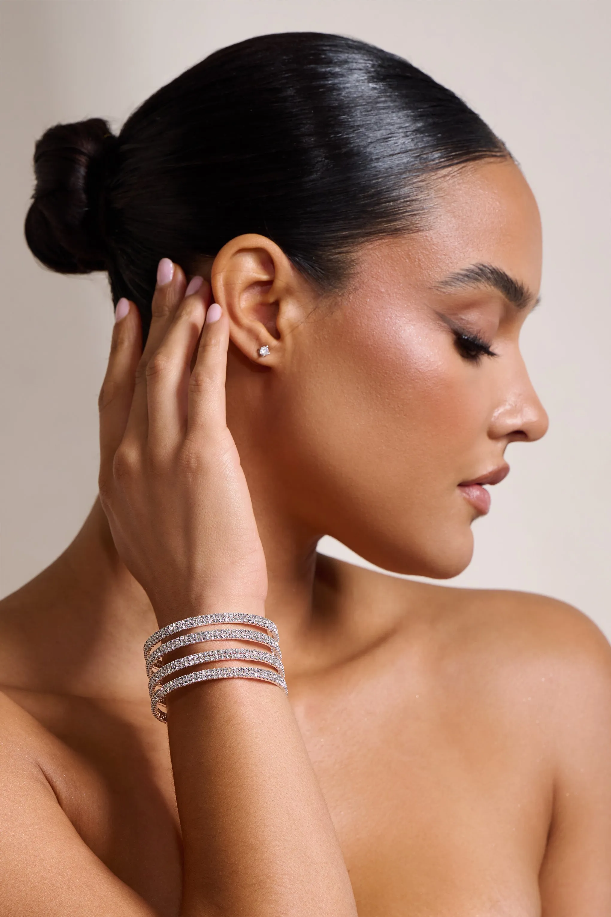 Halle | Silver Layered Statement Bangle sold by Club L London product image thumbnail 3