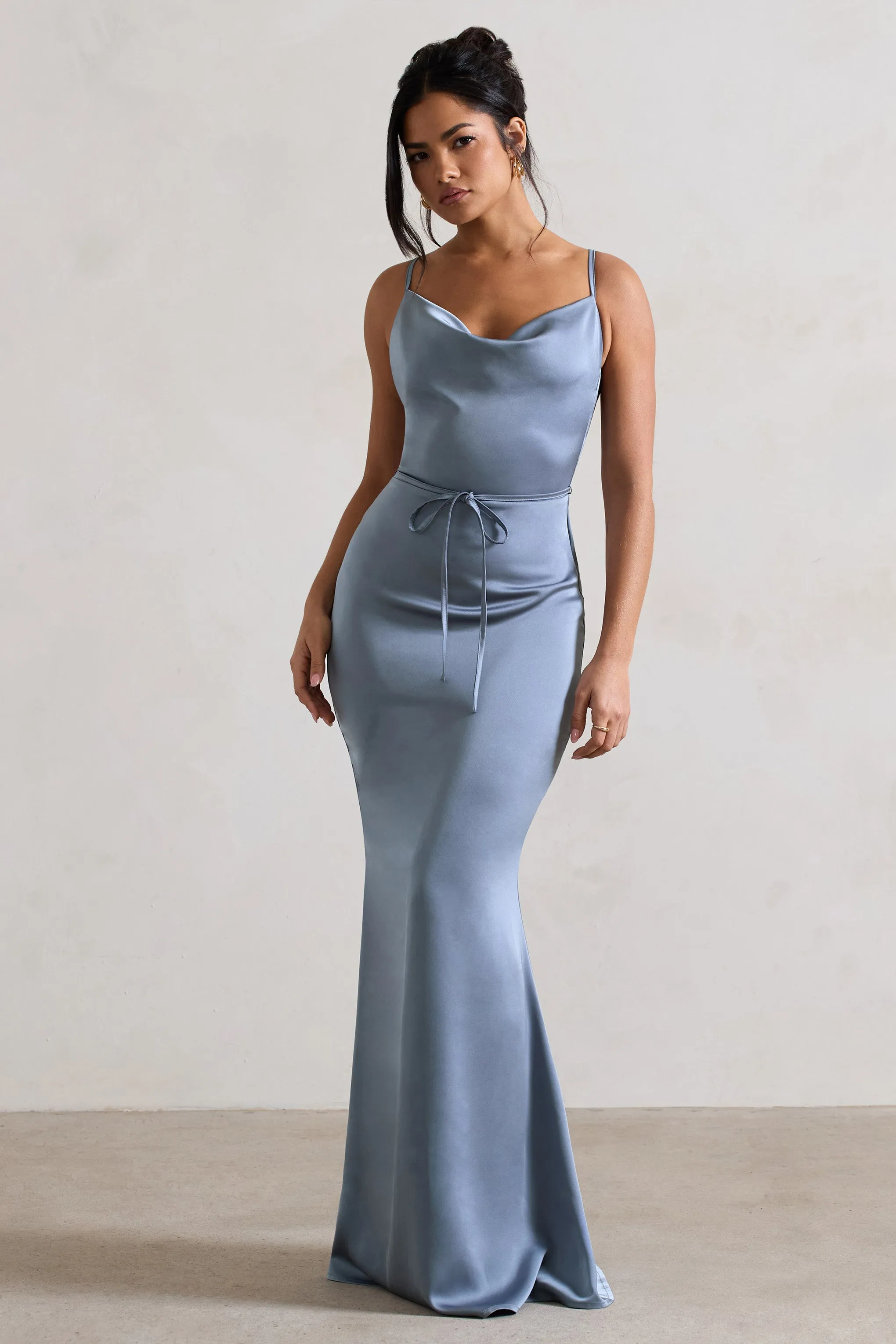 Lifetime | Slate Blue Satin Cowl Neck Maxi Dress With Cross Back Detail sold by Club L London product image thumbnail 4