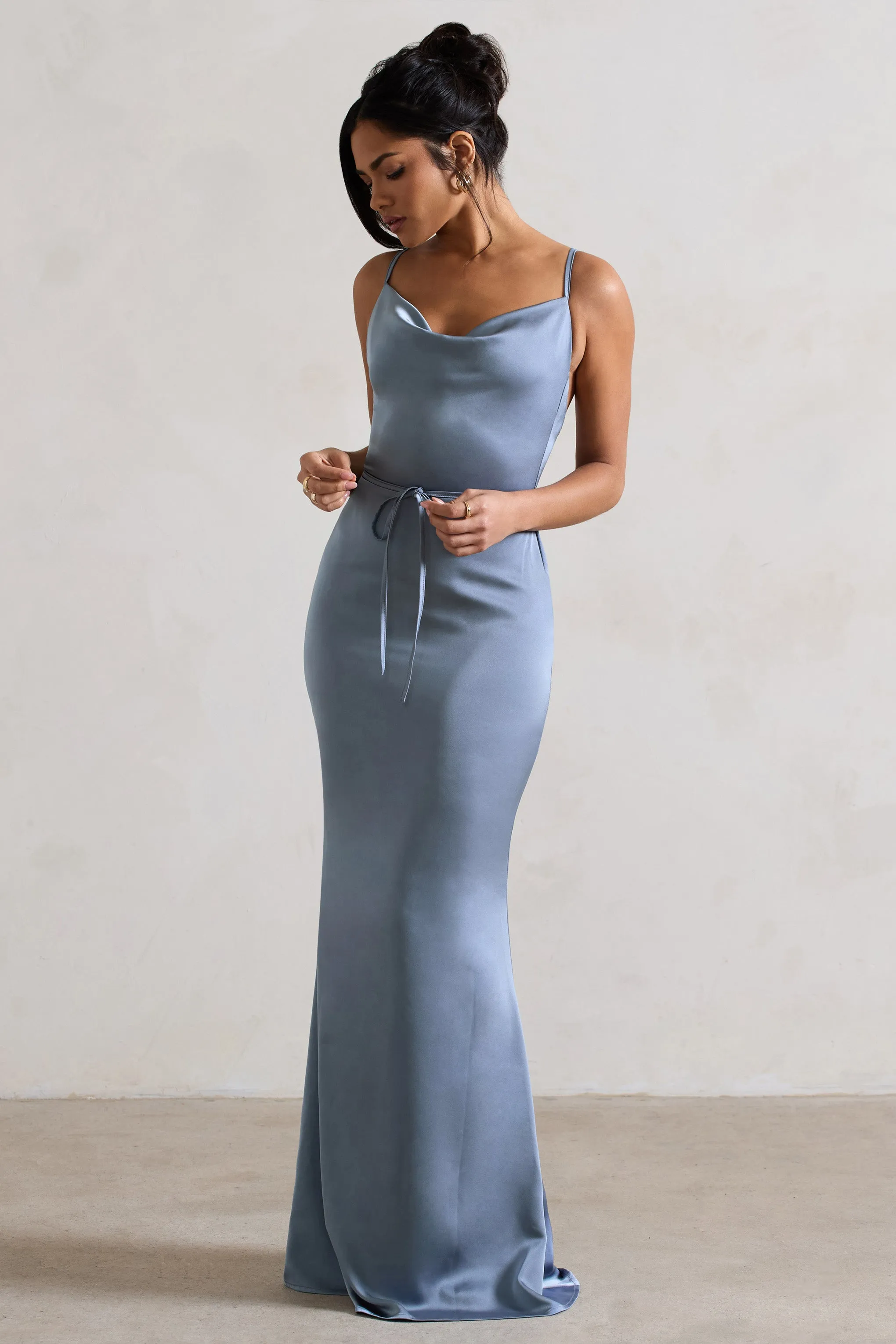 Lifetime | Slate Blue Satin Cowl Neck Maxi Dress With Cross Back Detail sold by Club L London product image thumbnail 5