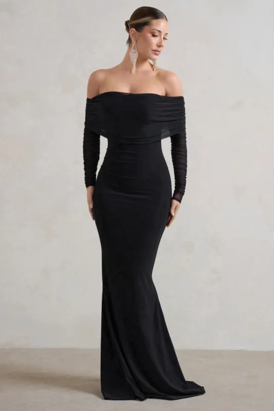 Madeleine | Black Fishtail Maxi Dress With Bardot Mesh Long Sleeves sold by Club L London
