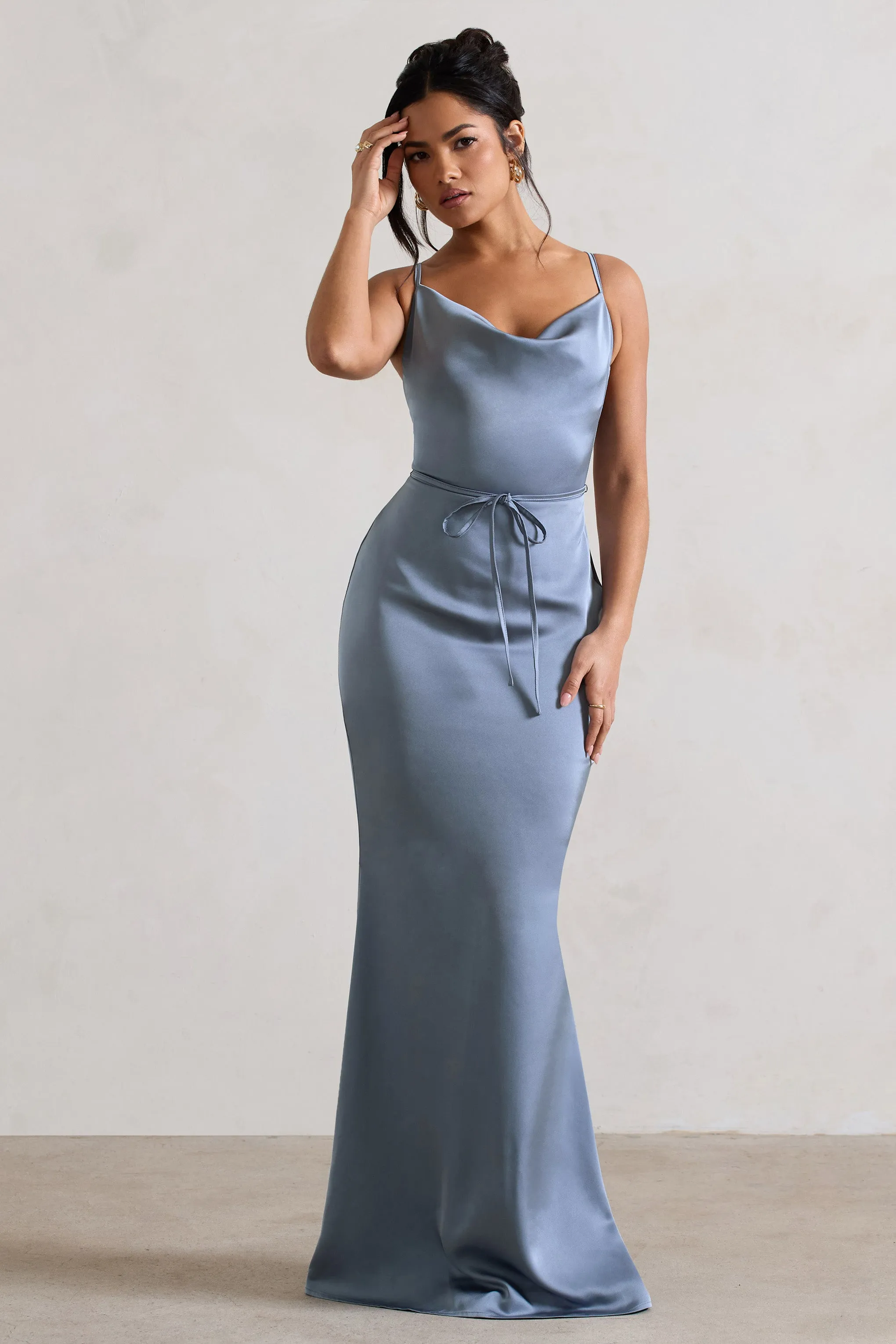 Lifetime | Slate Blue Satin Cowl Neck Maxi Dress With Cross Back Detail sold by Club L London