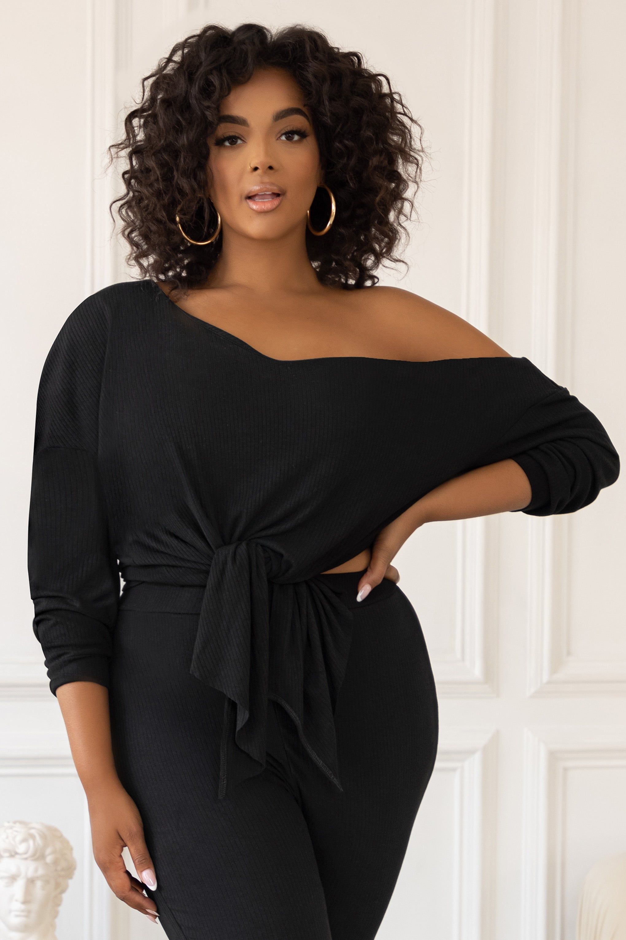 Rebel | Plus Black Off The Shoulder Ribbed Top sold by Club L London