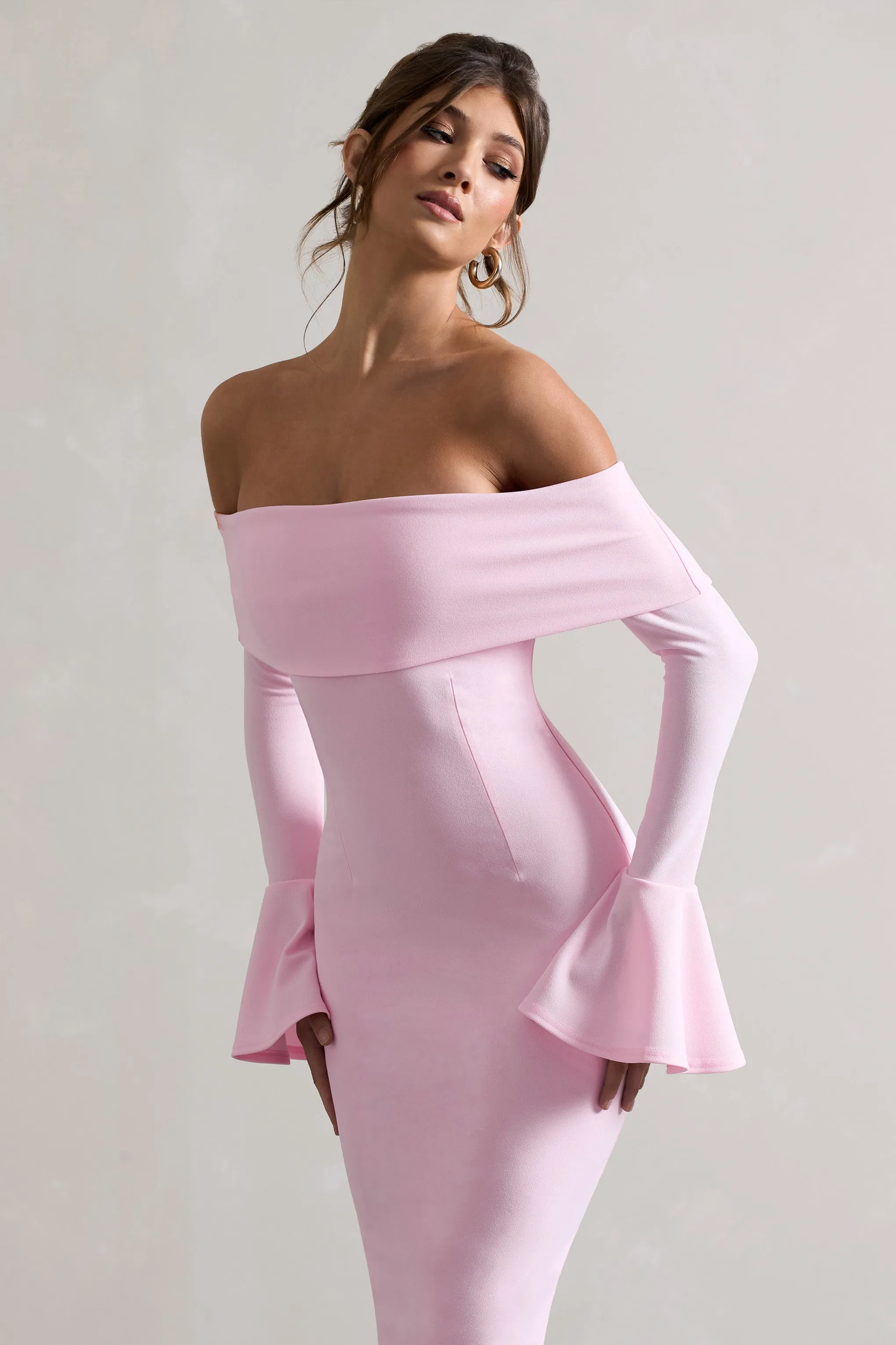 Emma | Pink Bardot Flared-Sleeve Midi Dress sold by Club L London product image thumbnail 3