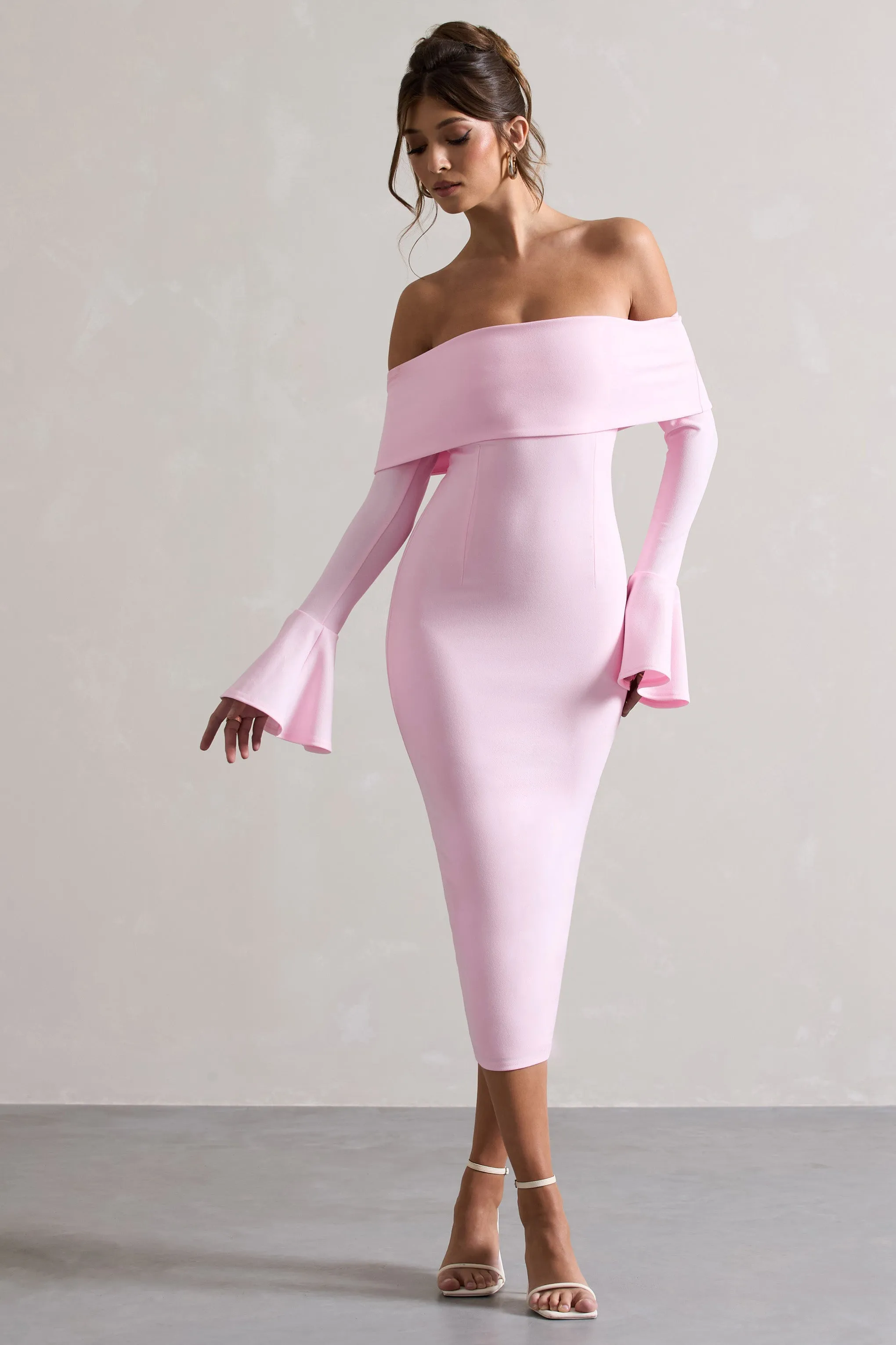 Emma | Pink Bardot Flared-Sleeve Midi Dress sold by Club L London product image thumbnail 4