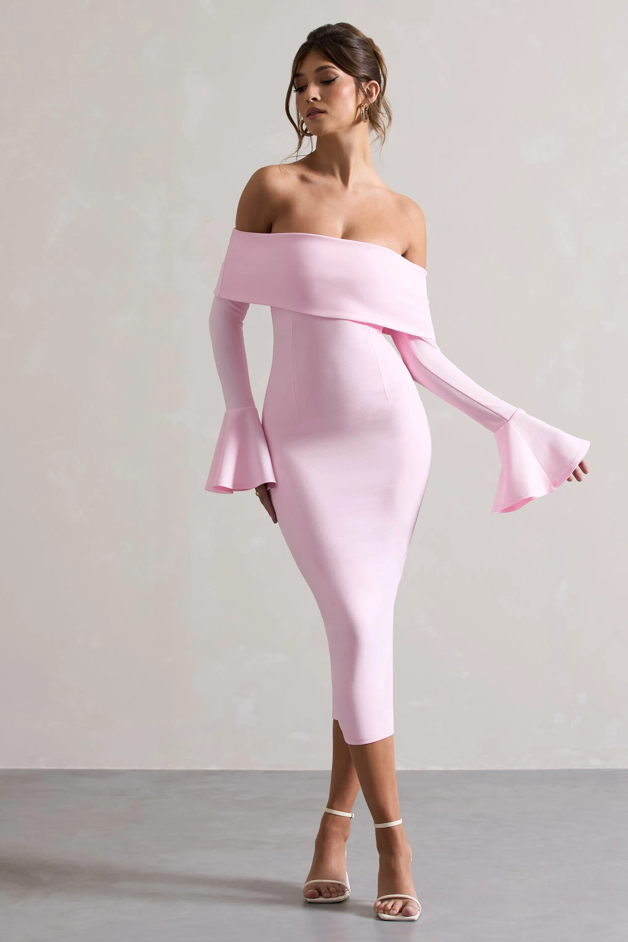 Emma | Pink Bardot Flared-Sleeve Midi Dress sold by Club L London