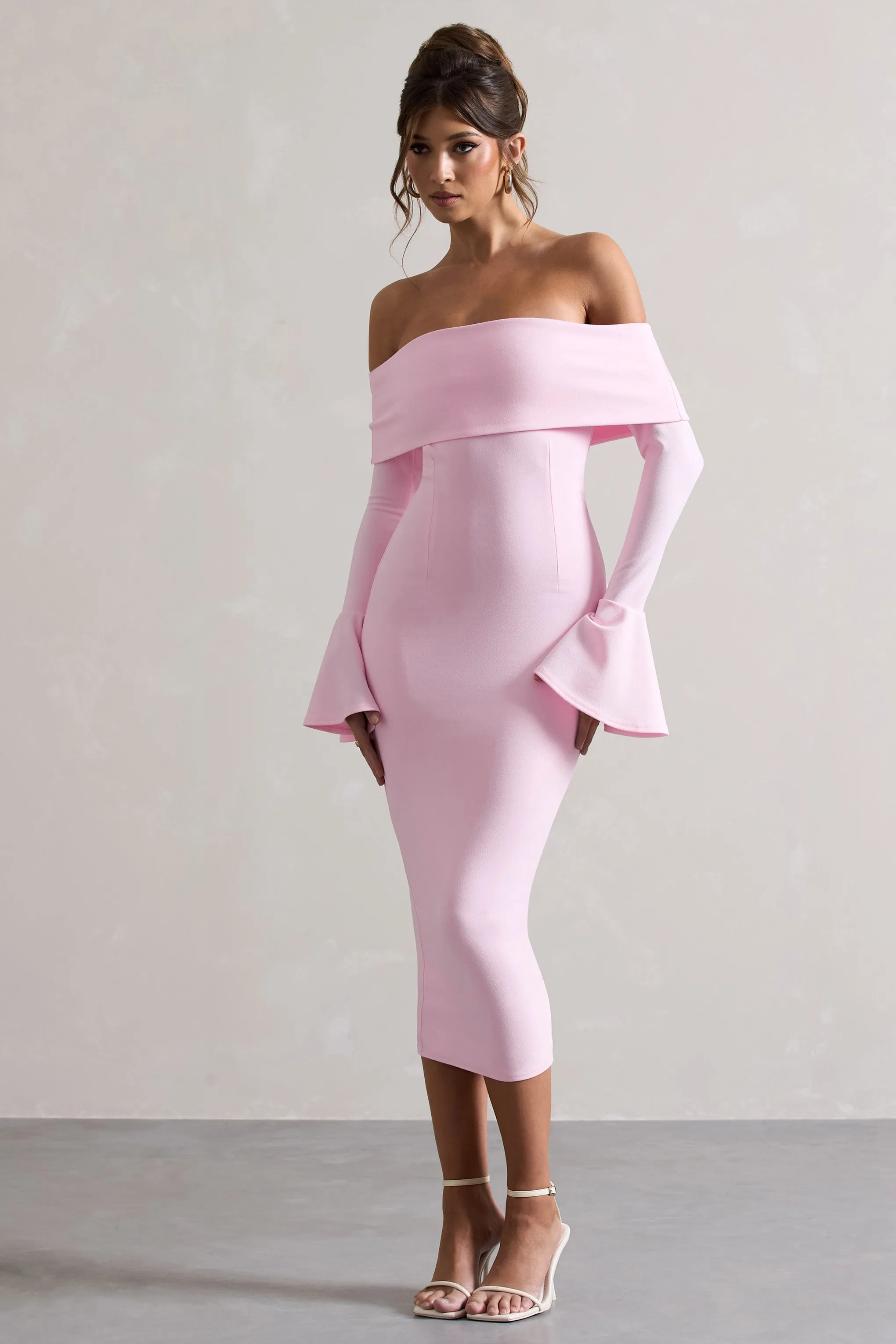 Emma | Pink Bardot Flared-Sleeve Midi Dress sold by Club L London product image thumbnail 5