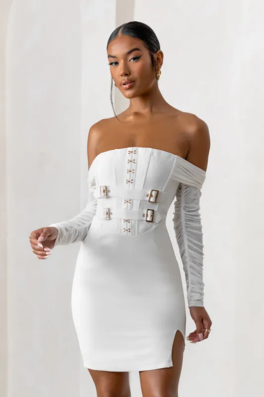Above & Beyond | White Bardot Neck Corset Mini Dress With Belt Detail sold by Club L London