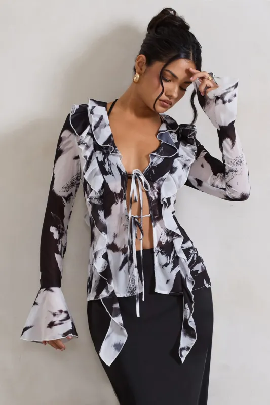 Milan | Monochrome Floral Print Ruffle Tie-Front Blouse sold by Club L London