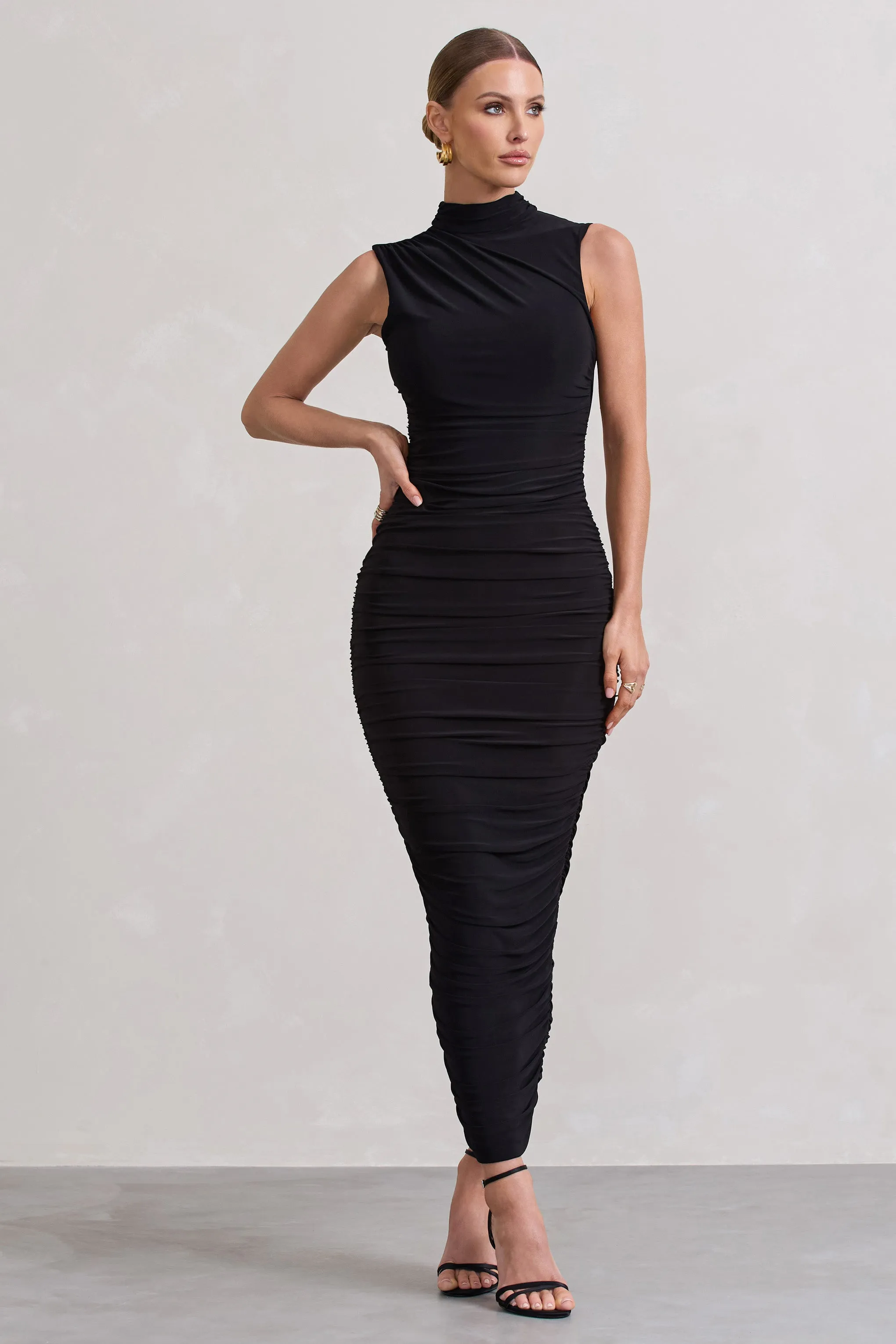 Jaded | Black Bodycon Ruched High-Neck Open-Back Maxi Dress sold by Club L London product image thumbnail 4