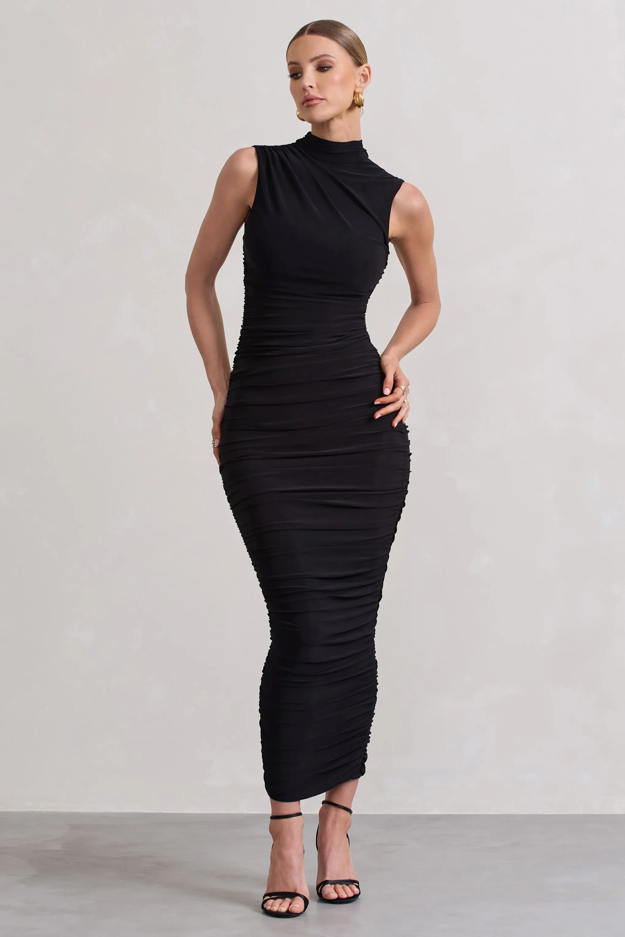 Jaded | Black Bodycon Ruched High-Neck Open-Back Maxi Dress sold by Club L London product image thumbnail 5