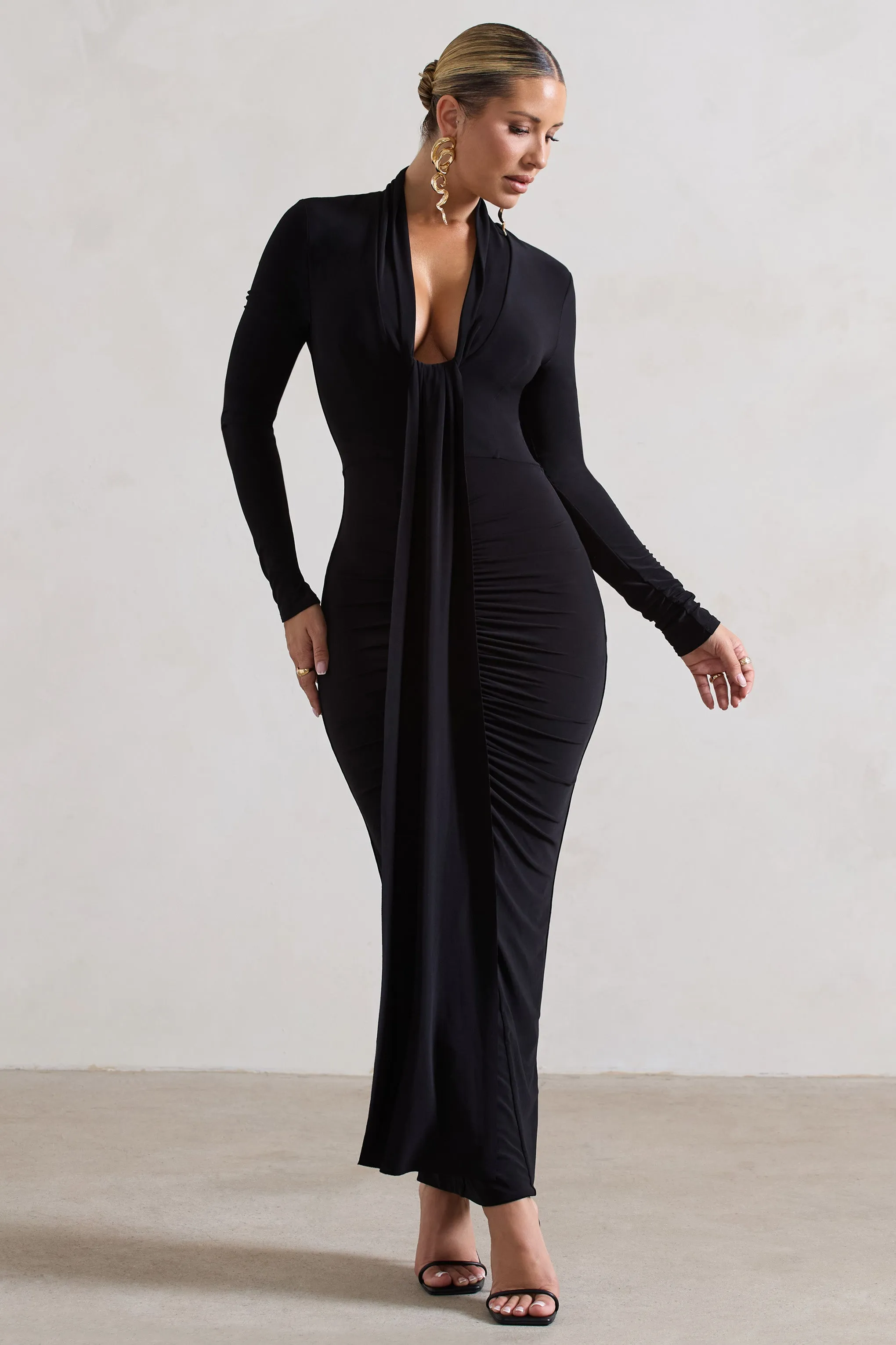 Risha | Black Plunge-Neck Long-Sleeve Drape Maxi Dress sold by Club L London product image thumbnail 4