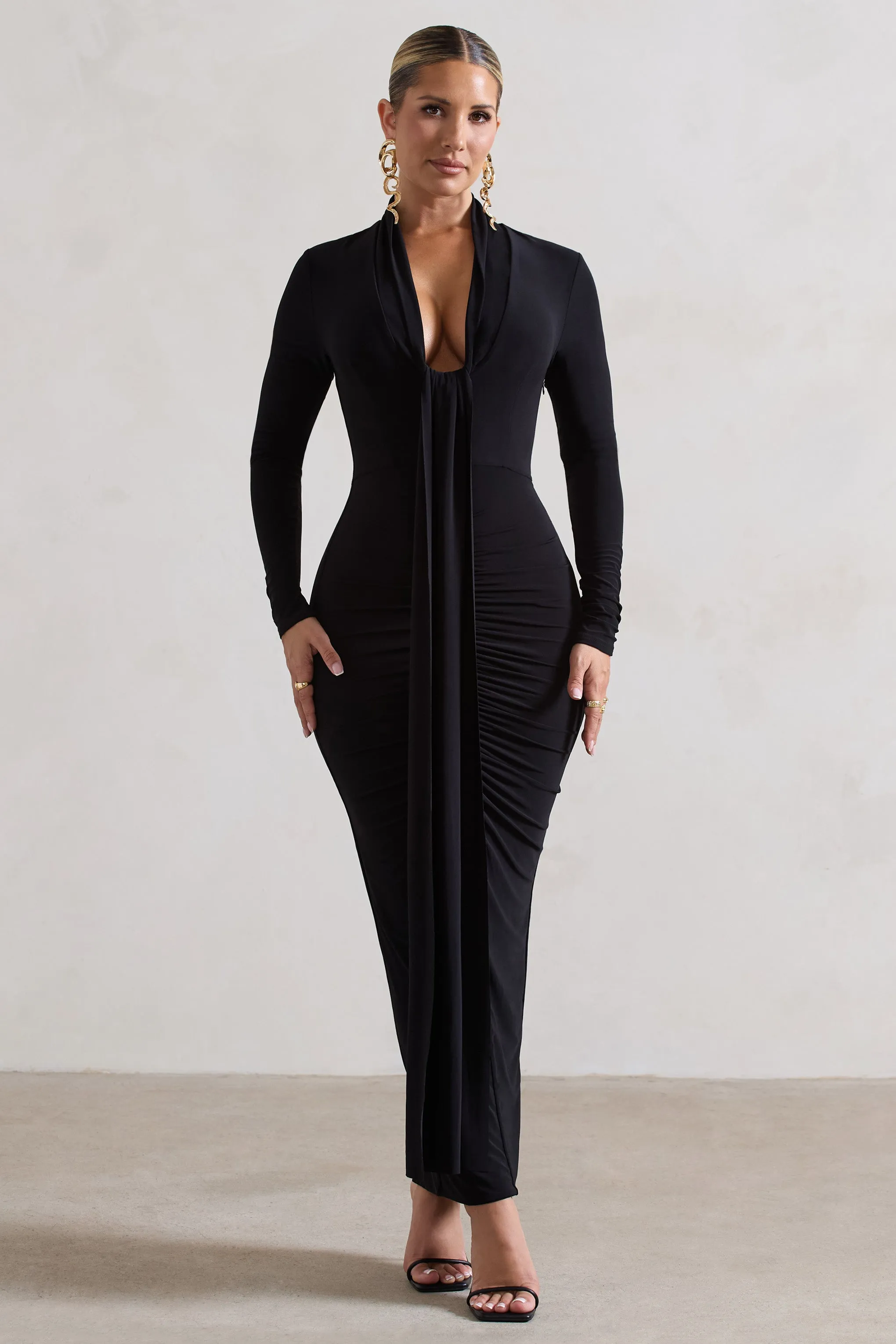 Risha | Black Plunge-Neck Long-Sleeve Drape Maxi Dress sold by Club L London