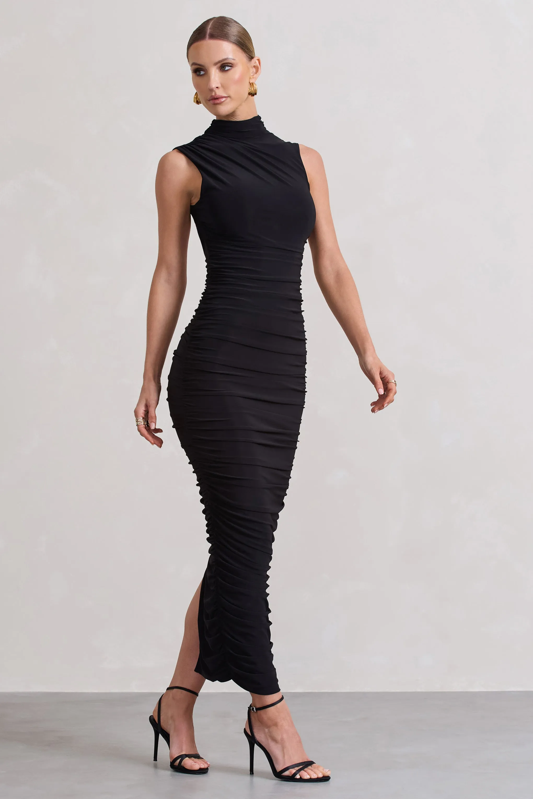 Jaded | Black Bodycon Ruched High-Neck Open-Back Maxi Dress sold by Club L London