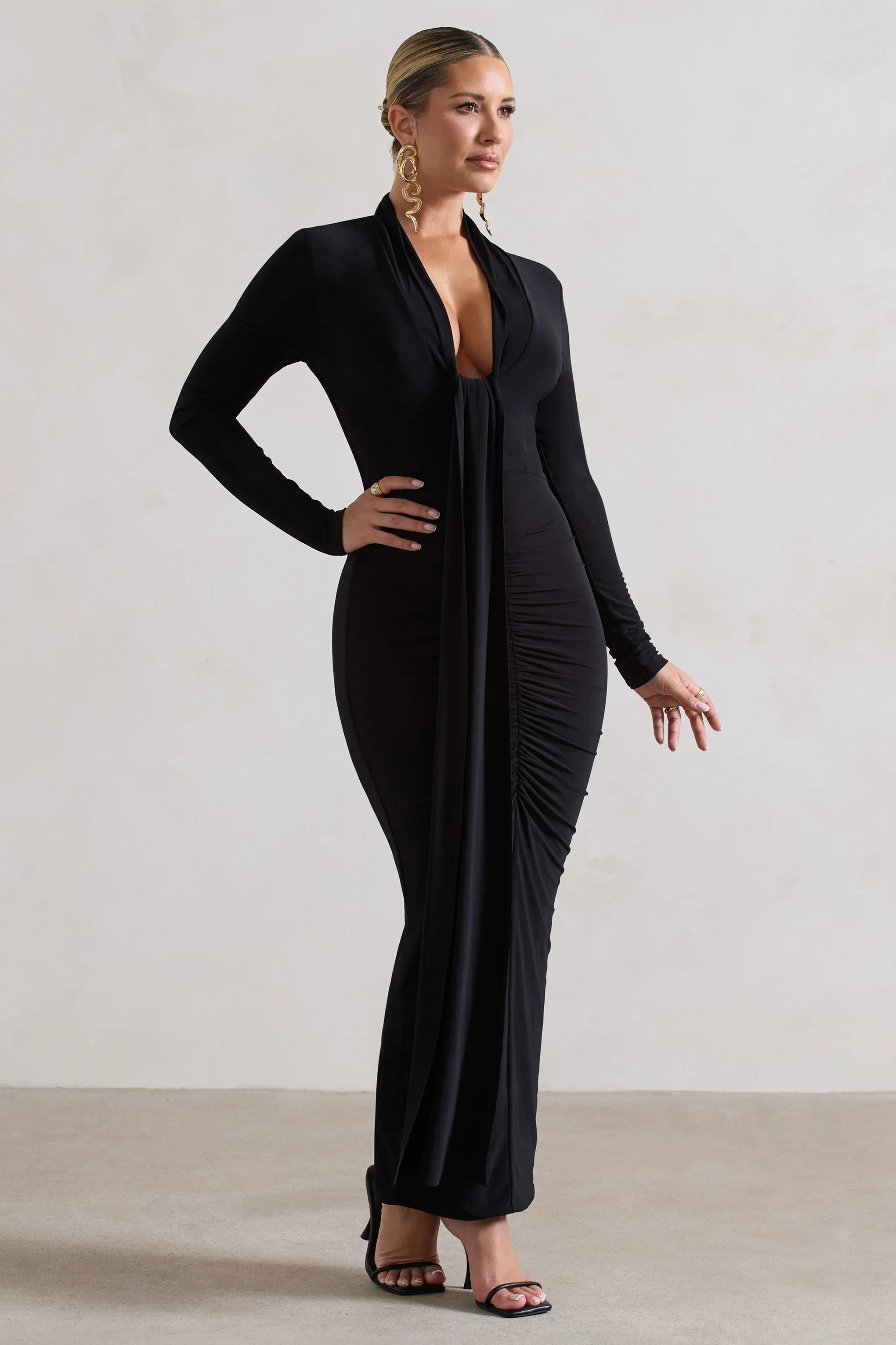 Risha | Black Plunge-Neck Long-Sleeve Drape Maxi Dress sold by Club L London product image thumbnail 5