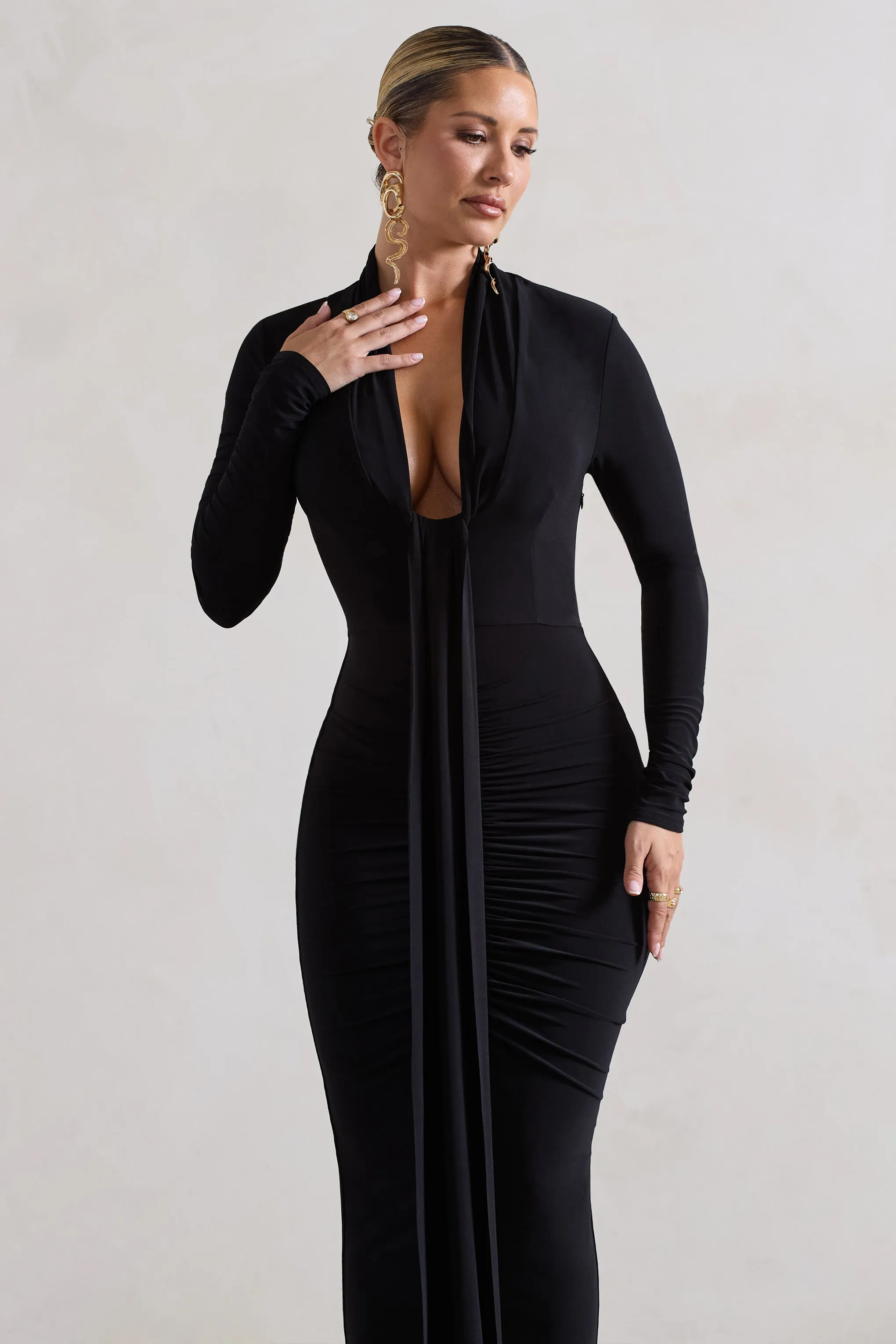 Risha | Black Plunge-Neck Long-Sleeve Drape Maxi Dress sold by Club L London product image thumbnail 3
