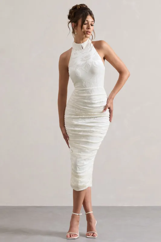 Therese | White Ruched Bodycon High-Neck Midi Dress sold by Club L London