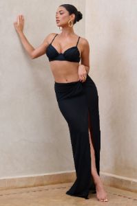 Salt Breeze | Black High-Waisted Twisted Chiffon Maxi Skirt sold by Club L London