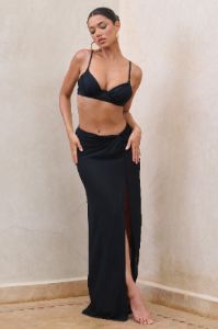 Salt Breeze | Black High-Waisted Twisted Chiffon Maxi Skirt sold by Club L London