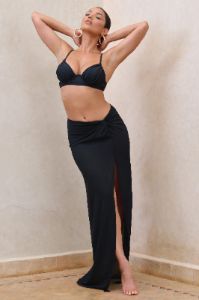 Salt Breeze | Black High-Waisted Twisted Chiffon Maxi Skirt sold by Club L London