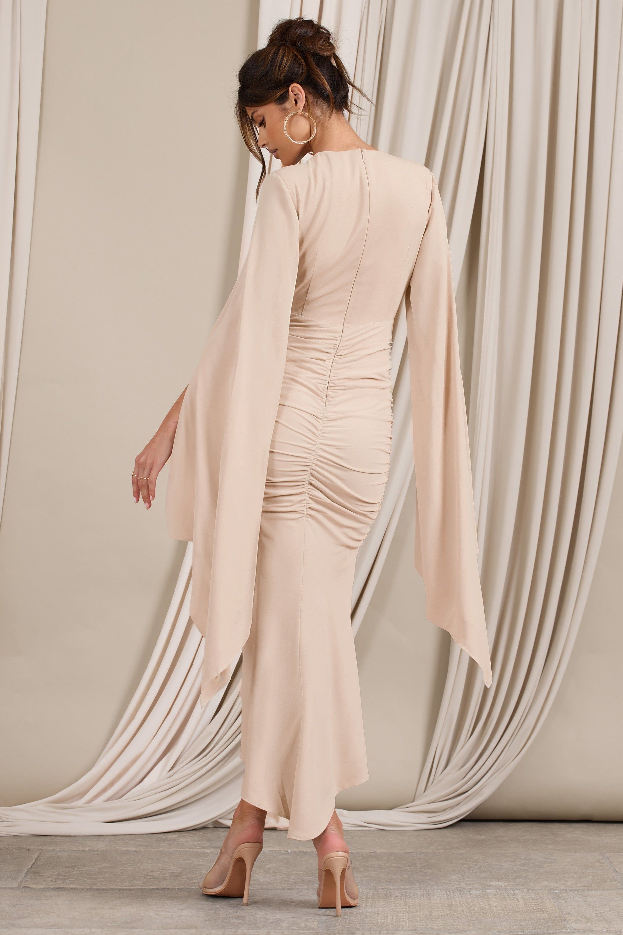 Calla | Champagne Ruched Long-Sleeved Flared Midi Dress sold by Club L London product image thumbnail 2