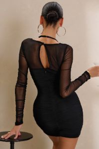 Venus | Black Mesh Sleeve Mini Dress With Halter Straps sold by Club L London