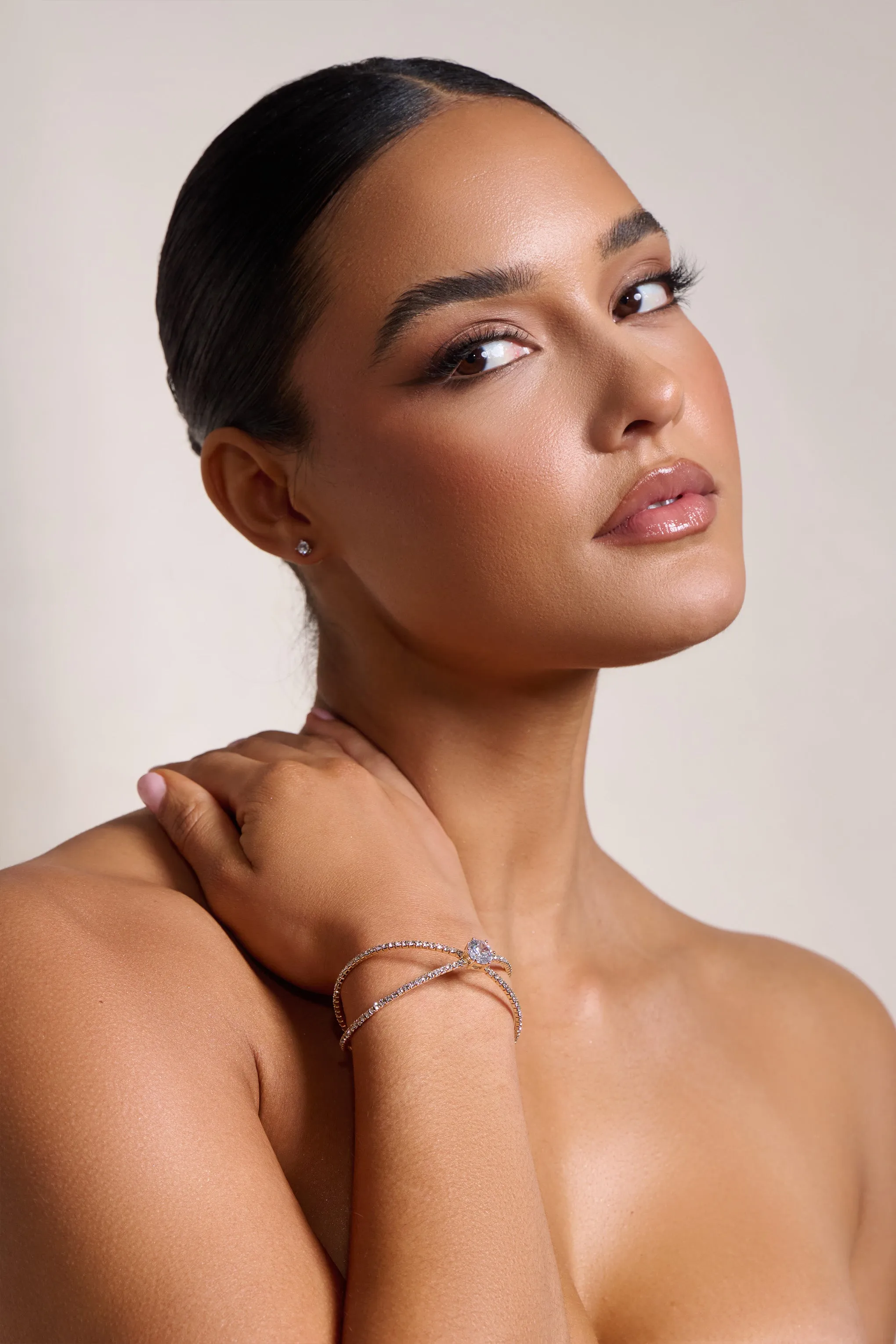 Cherrie | Gold Diamante Pendant Cuff Bracelet sold by Club L London