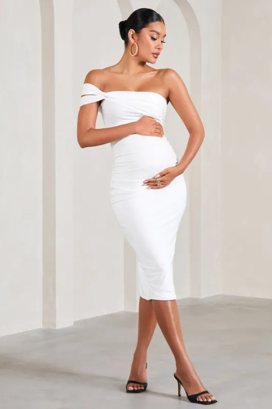 Eviana | White Bodycon Sleeveless Twist Maternity Midi Dress sold by Club L London