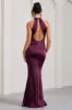 Unstoppable | Burgundy Satin Cross Over Halterneck Maxi Dress sold by Club L London