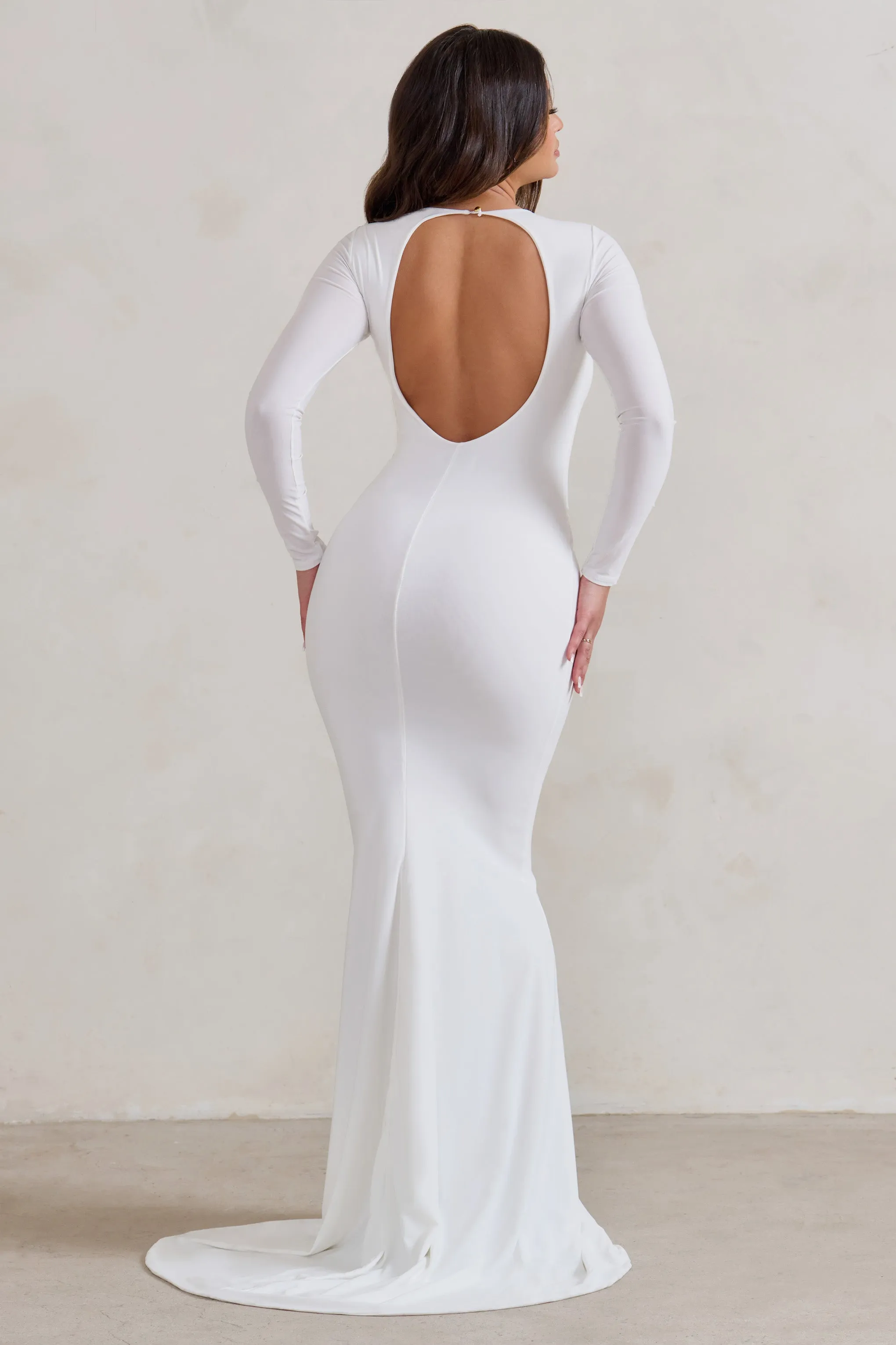 One Step Ahead | White Long Sleeve Backless Fishtail Maxi Dress sold by Club L London product image thumbnail 2