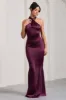 Unstoppable | Burgundy Satin Cross Over Halterneck Maxi Dress sold by Club L London