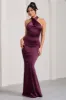 Unstoppable | Burgundy Satin Cross Over Halterneck Maxi Dress sold by Club L London