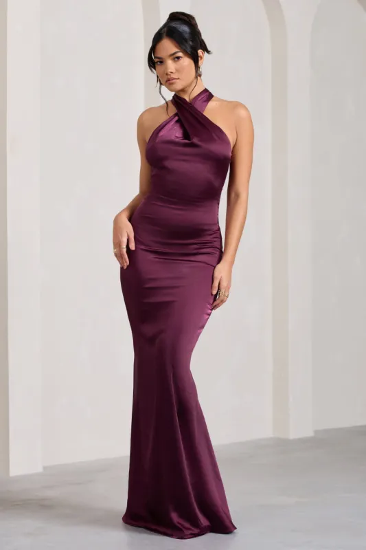 Unstoppable | Burgundy Satin Cross Over Halterneck Maxi Dress sold by Club L London