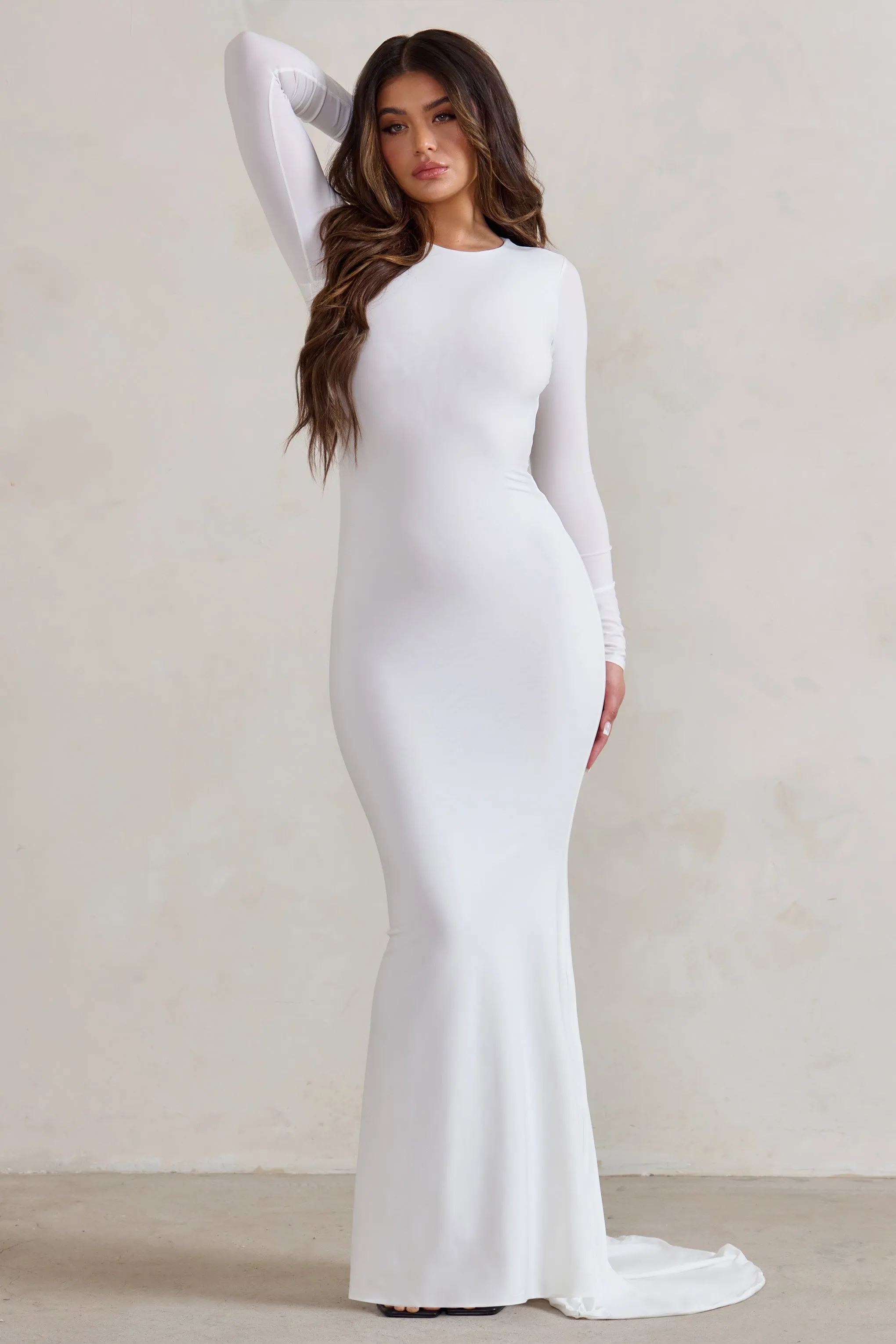 One Step Ahead | White Long Sleeve Backless Fishtail Maxi Dress sold by Club L London product image thumbnail 3