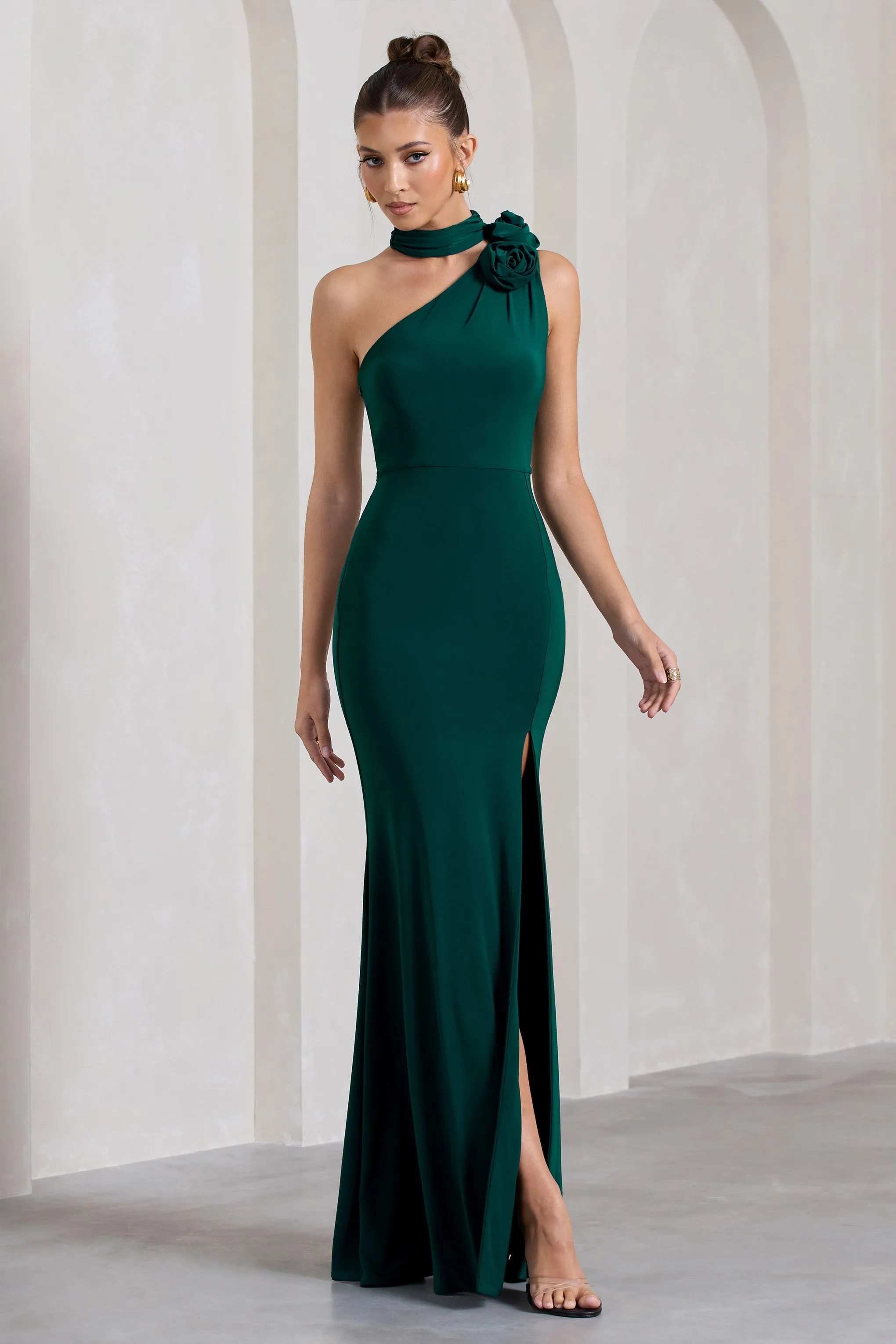 In Suspense | Bottle Green One Shoulder Halter-Neck Split Maxi Dress With Flower sold by Club L London product image thumbnail 4