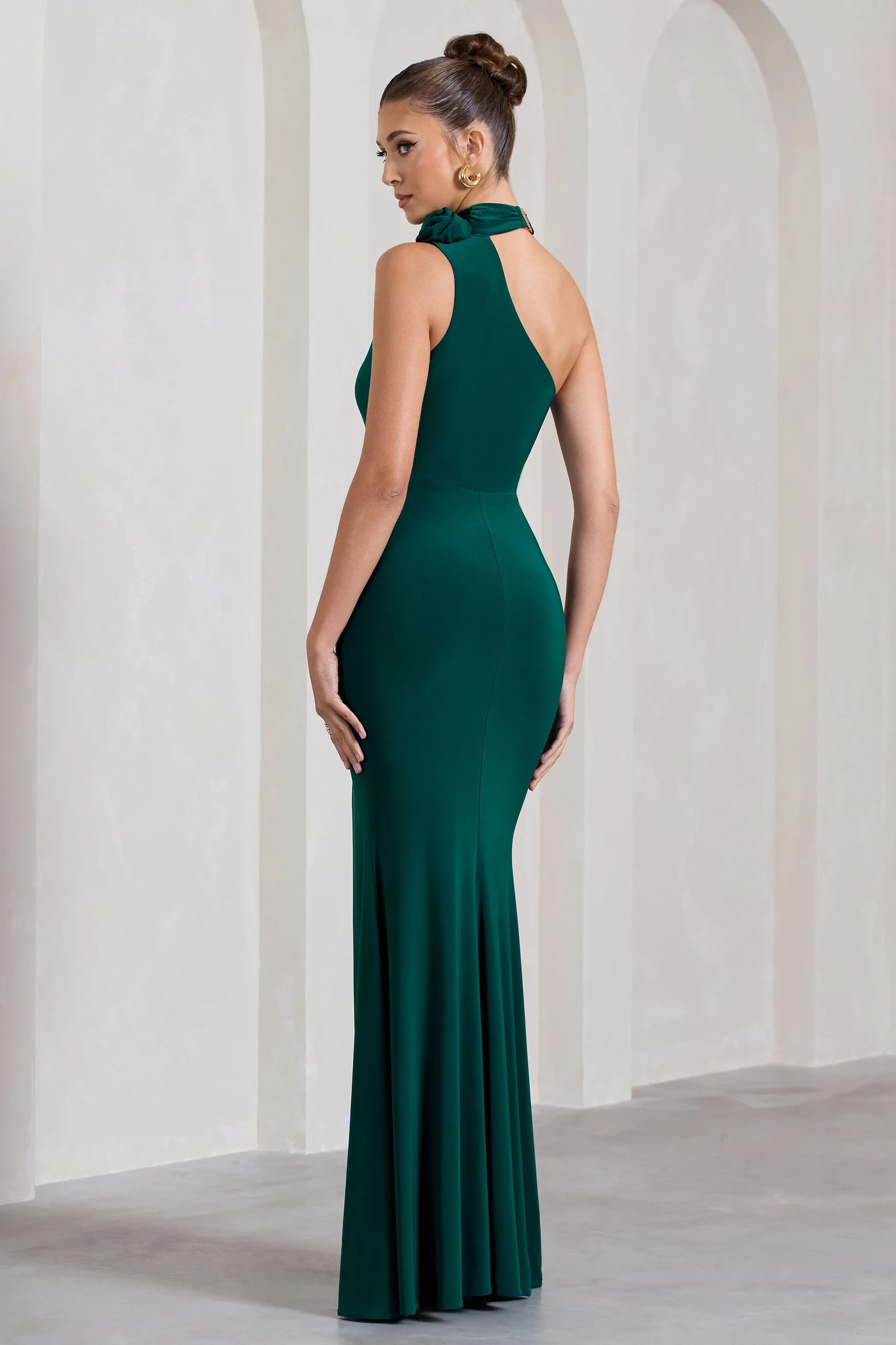 In Suspense | Bottle Green One Shoulder Halter-Neck Split Maxi Dress With Flower sold by Club L London product image thumbnail 2
