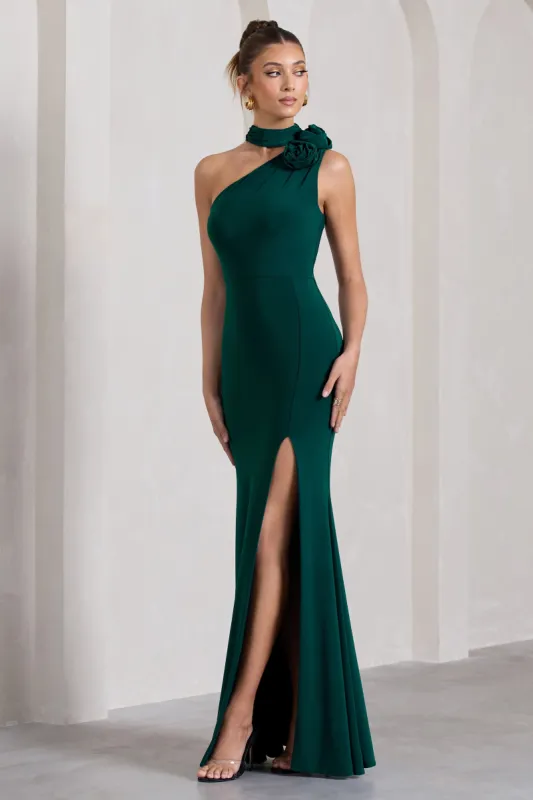In Suspense | Bottle Green One Shoulder Halter-Neck Split Maxi Dress With Flower sold by Club L London