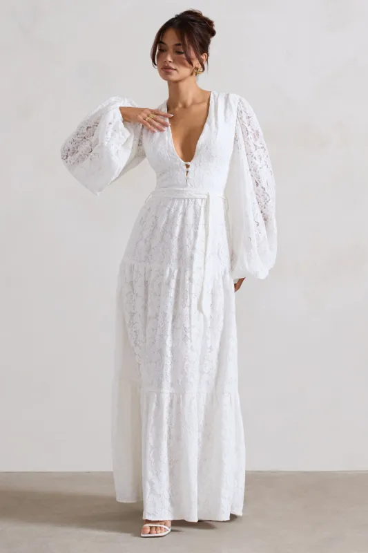Nixie | White Lace Puff-Sleeve Layered Maxi Dress With Belt sold by Club L London